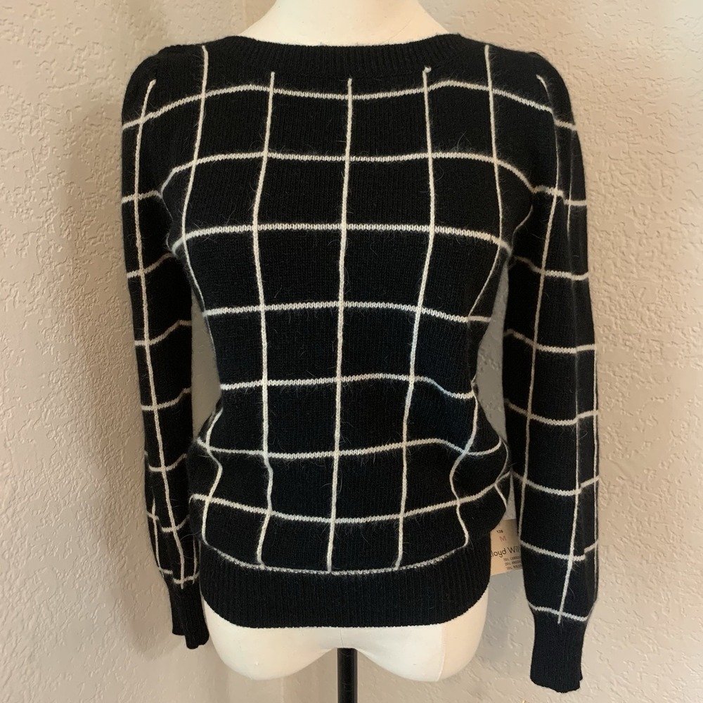 Vtg NEW Black White Graphic Sweater Lloyd Williams Lamb Angora Women M